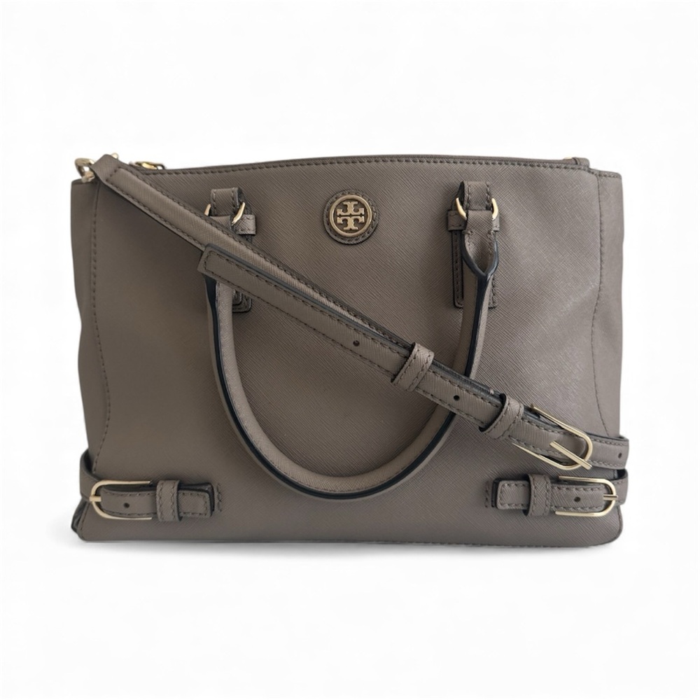 Tory Burch Taupe Saffiano Leather Crossbody Satchel